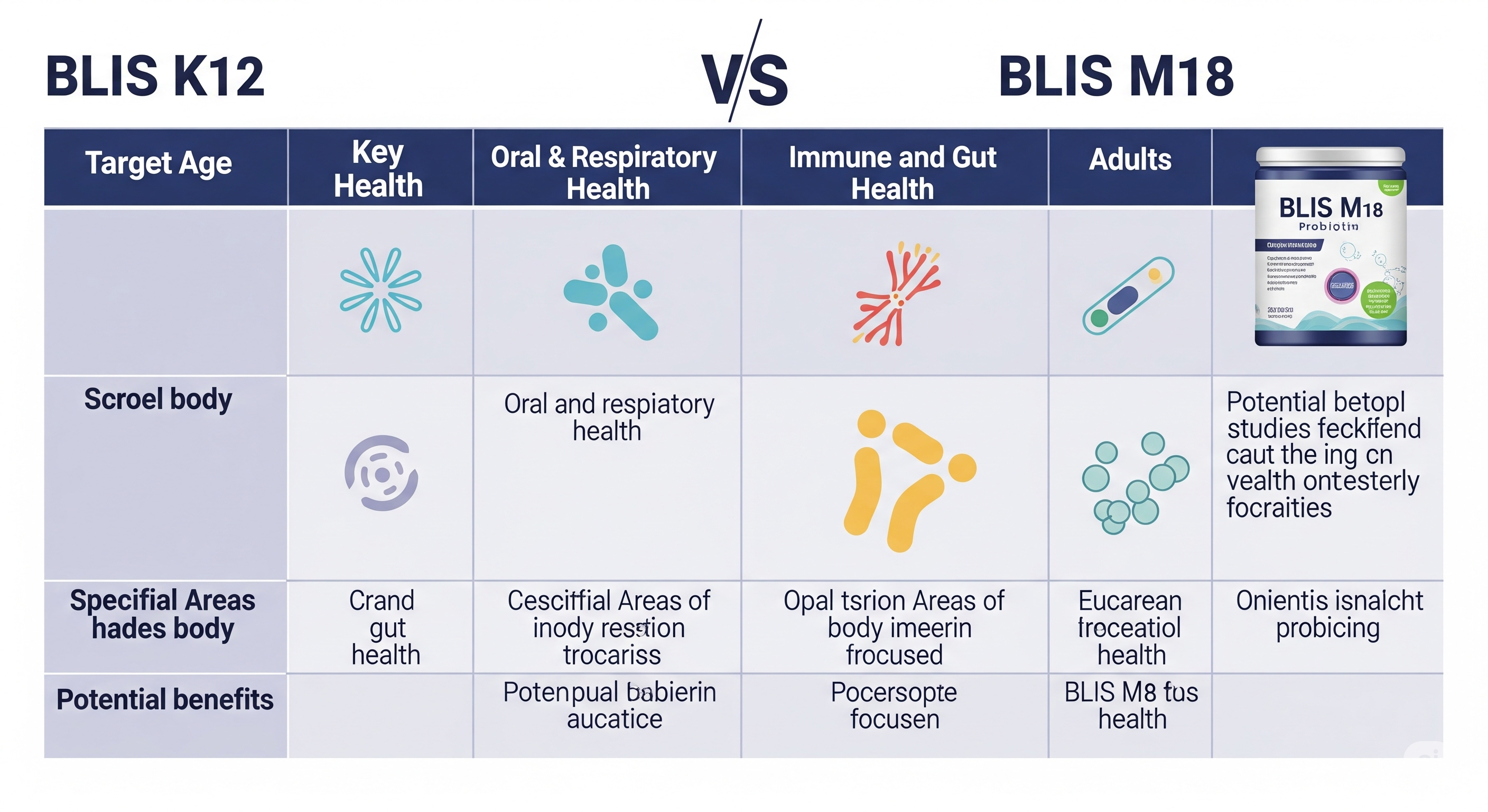 Infographic comparing oral probiotics BLIS K12 and BLIS M18. BLIS K12 fights bad breath bacteria for fresh breath, while BLIS M18 breaks down plaque to support gum health and prevent cavities."