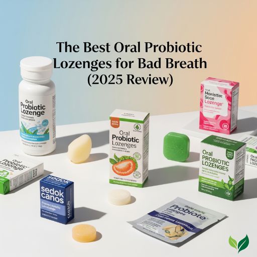 An infographic reviewing the best oral probiotic lozenges for bad breath in 2025, explaining how oral probiotics work, featuring the top 5 products including ProDentim, and providing instructions on how to use them for fresher breath and better gum health.