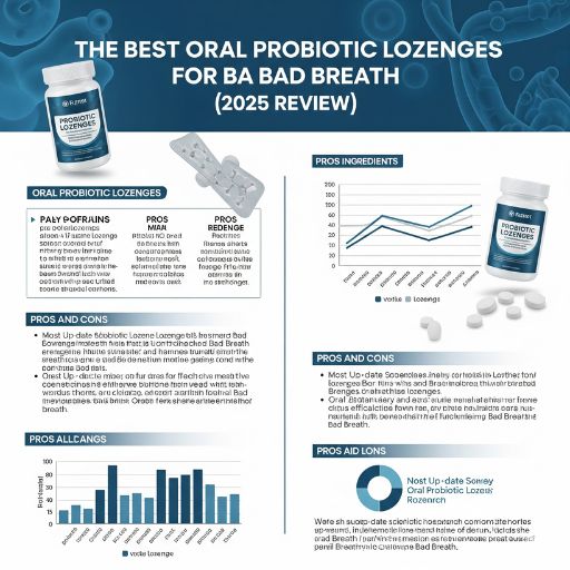 An infographic reviewing the best oral probiotic lozenges for bad breath in 2025, explaining how oral probiotics work, featuring the top 5 products including ProDentim, and providing instructions on how to use them for fresher breath and better gum health.
